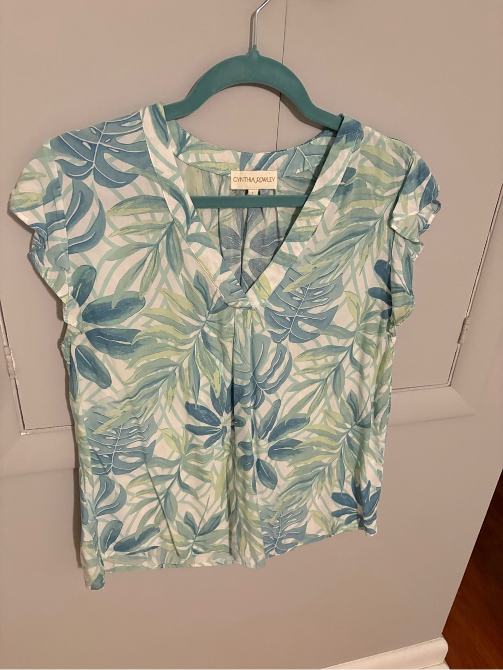 Cynthia Rowley Blue and Green Tropical Leaf V-Neck Blouse